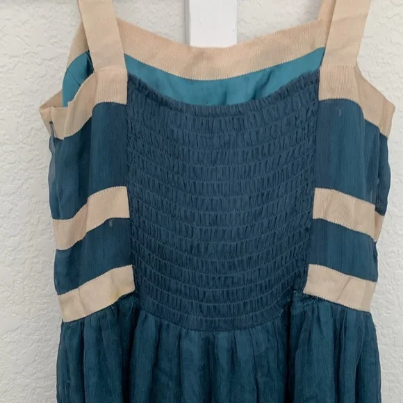 Burlapp Anthropologie Turquoise Cream Trim Silk Mini Dress - Picture 5 of 11